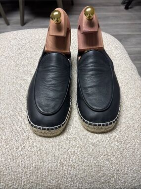 Jimmy Choo Black Leather Espadrille Loafers with Jute Trim